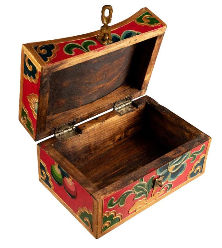Boîte à bijoux en bois artisanale du Népal – coffret bouddhiste tibétain forme oreiller Double Vajra