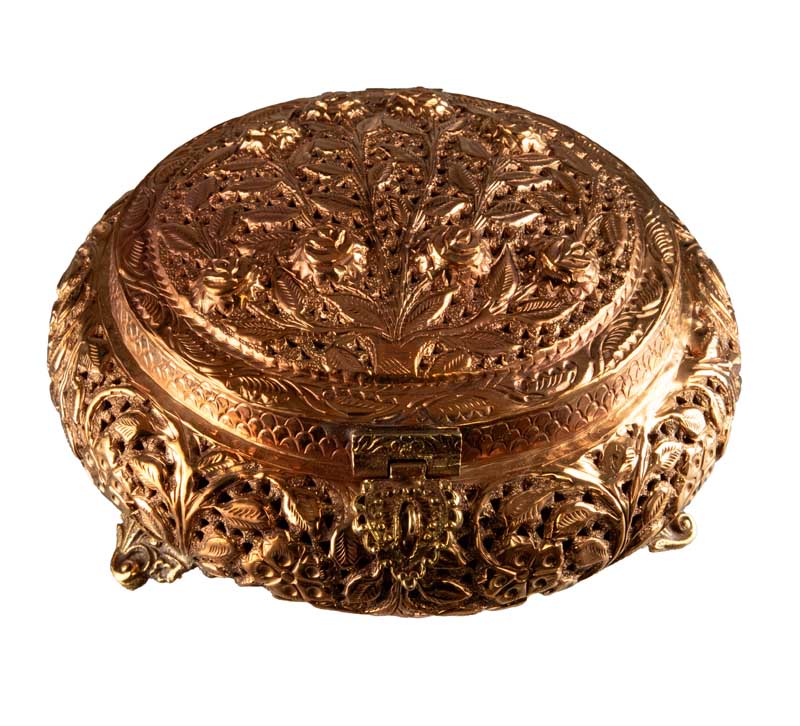 Grand brûleur d’encens tibétain en cuivre et laiton – boîte à bijoux ronde ajourée
