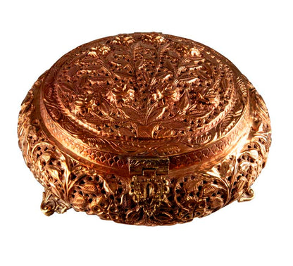 Grand brûleur d’encens tibétain en cuivre et laiton – boîte à bijoux ronde ajourée