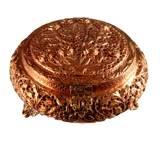 Grand brûleur d’encens tibétain en cuivre et laiton – boîte à bijoux ronde ajourée