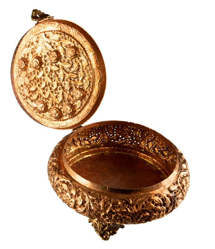 Grand brûleur d’encens tibétain en cuivre et laiton – boîte à bijoux ronde ajourée