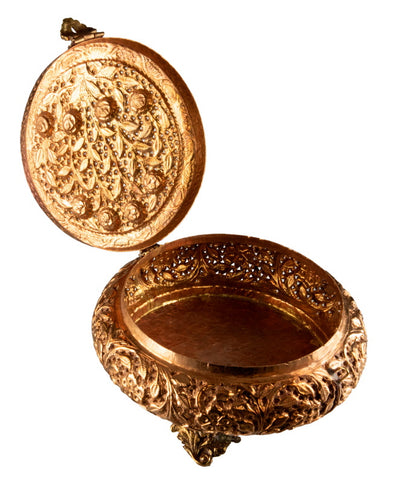 Grand brûleur d’encens tibétain en cuivre et laiton – boîte à bijoux ronde ajourée