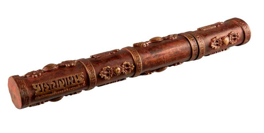 Étui à encens tibétain en cuivre et laiton – porte-manuscrit décoré du Vajra et du Kalachakra