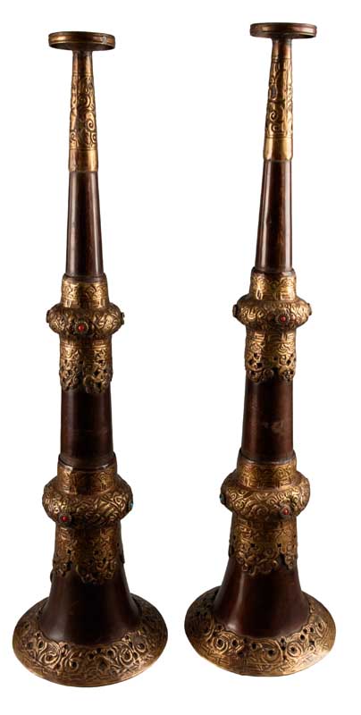 Lot de 2 trompettes tibétaines Dungchen en cuivre et laiton – Instruments rituels artisanaux