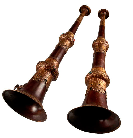 Lot de 2 trompettes tibétaines Dungchen en cuivre et laiton – Instruments rituels artisanaux