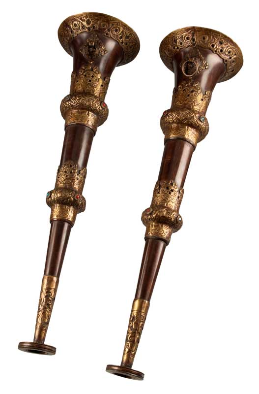 Lot de 2 trompettes tibétaines Dungchen en cuivre et laiton – Instruments rituels artisanaux