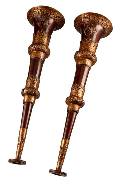 Lot de 2 trompettes tibétaines Dungchen en cuivre et laiton – Instruments rituels artisanaux