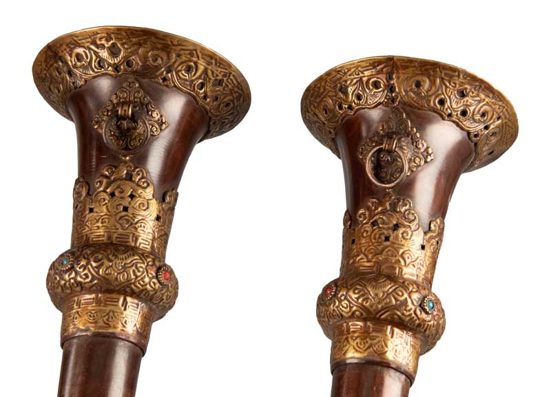 Lot de 2 trompettes tibétaines Dungchen en cuivre et laiton – Instruments rituels artisanaux