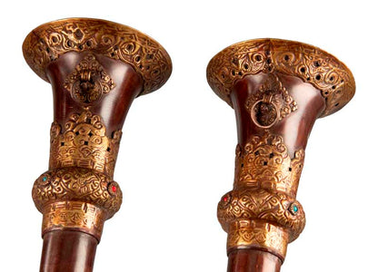 Lot de 2 trompettes tibétaines Dungchen en cuivre et laiton – Instruments rituels artisanaux