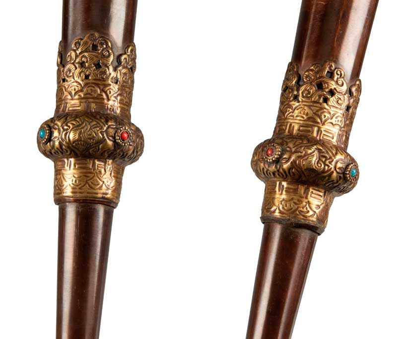 Lot de 2 trompettes tibétaines Dungchen en cuivre et laiton – Instruments rituels artisanaux