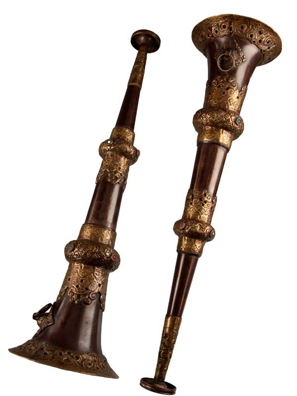 Lot de 2 trompettes tibétaines Dungchen en cuivre et laiton – Instruments rituels artisanaux