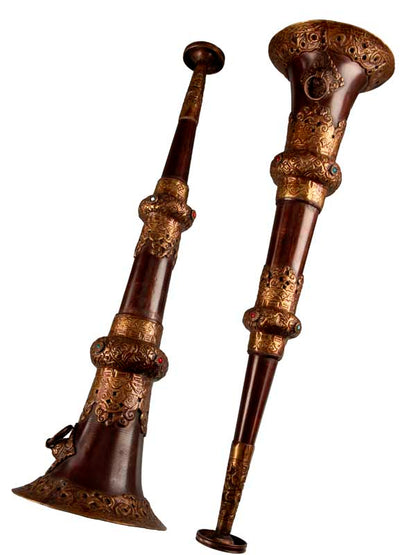 Lot de 2 trompettes tibétaines Dungchen en cuivre et laiton – Instruments rituels artisanaux