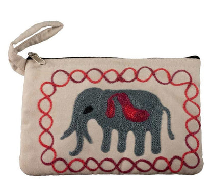 Porte-Monnaie Brodé Éléphant Gris sur Fond Crème – Artisanat Népalais