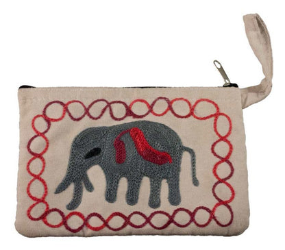 Porte-Monnaie Brodé Éléphant Gris sur Fond Crème – Artisanat Népalais