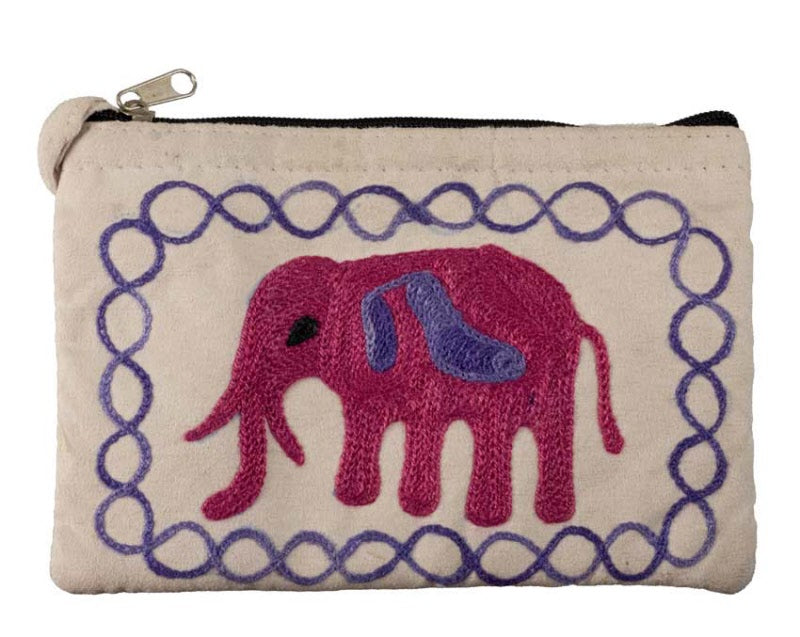 Petit Porte-Monnaie Brodé Éléphant Rose sur Fond Crème
