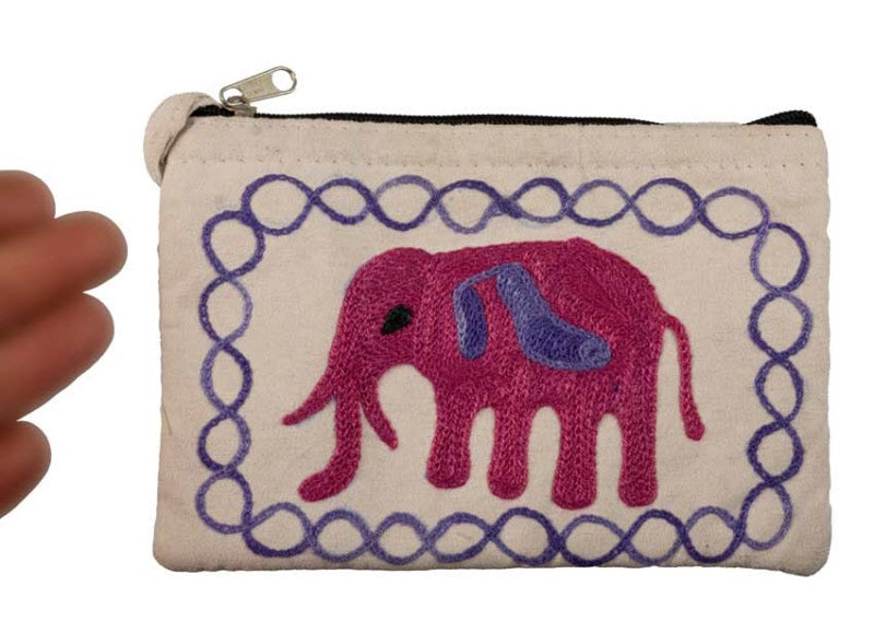 Petit Porte-Monnaie Brodé Éléphant Rose sur Fond Crème
