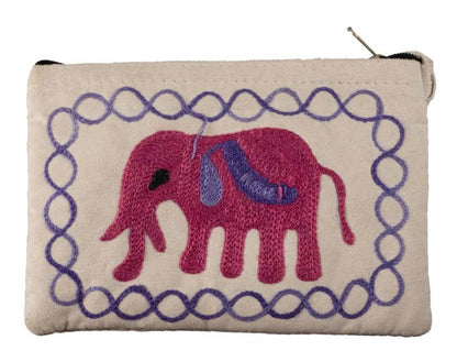 Petit Porte-Monnaie Brodé Éléphant Rose sur Fond Crème