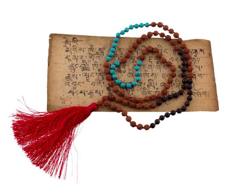 Sautoir Mala Tibétain En Rudraksha Avec Perles Turquoise Et Lave