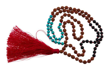 Sautoir Mala Tibétain En Rudraksha Avec Perles Turquoise Et Lave