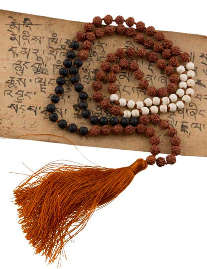 Sautoir Mala Tibétain En Rudraksha Avec Perles Beige Et Pierre De Lave