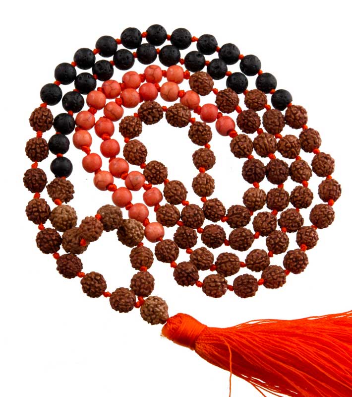 Sautoir Mala Tibétain En Rudraksha Avec Perles Orange Et Lave