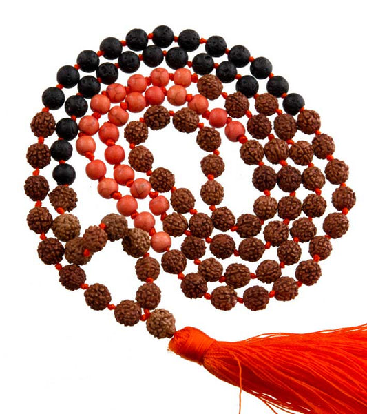 Sautoir Mala Tibétain En Rudraksha Avec Perles Orange Et Lave
