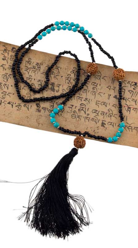 Sautoir Mala Tibétain En Rudraksha Et Perles Turquoise