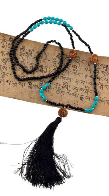 Sautoir Mala Tibétain En Rudraksha Et Perles Turquoise