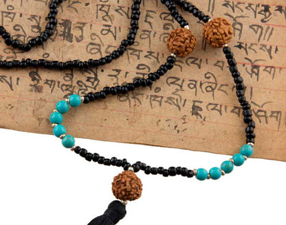 Sautoir Mala Tibétain En Rudraksha Et Perles Turquoise