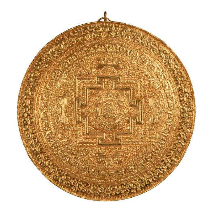 Mandala Bouddhiste Tibétain En Cuivre Doré 23,5 cm – Symboles Ashtamangala Du Népal