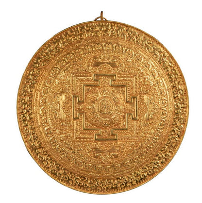 Mandala Bouddhiste Tibétain En Cuivre Doré 23,5 cm – Symboles Ashtamangala Du Népal