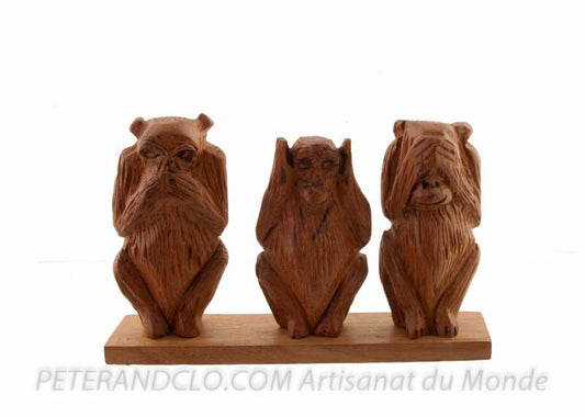 3 Singes de la Sagesse en Bois Marron – Artisanat du Cameroun