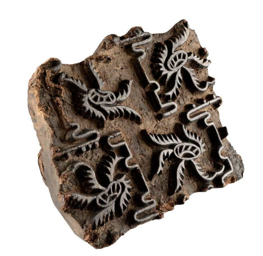Ancien Grand Tampon Indien En Bois – Rajasthan Motifs Végétaux