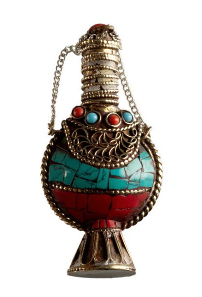 Fiole Tibétaine du Népal en Cuivre et Métal Argenté – Incrustations Turquoise et Corail