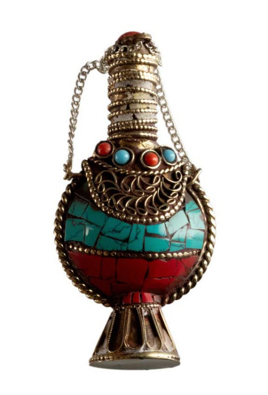Fiole Tibétaine du Népal en Cuivre et Métal Argenté – Incrustations Turquoise et Corail