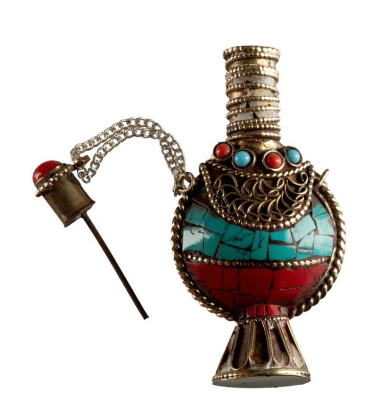 Fiole Tibétaine du Népal en Cuivre et Métal Argenté – Incrustations Turquoise et Corail