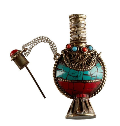 Fiole Tibétaine du Népal en Cuivre et Métal Argenté – Incrustations Turquoise et Corail