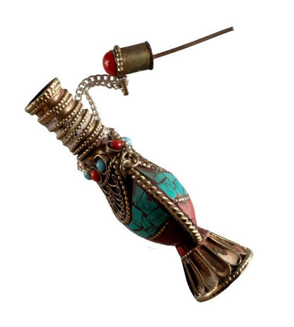 Fiole Tibétaine du Népal en Cuivre et Métal Argenté – Incrustations Turquoise et Corail