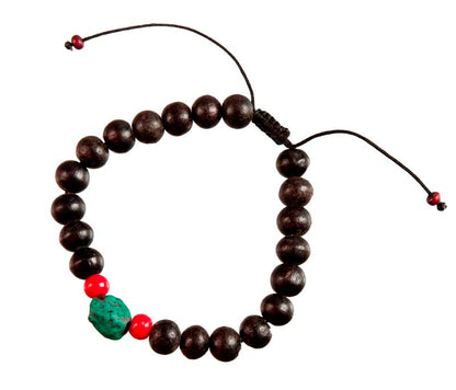 Bracelet mala du Népal bois, turquoise et corail – Harmonie et tradition