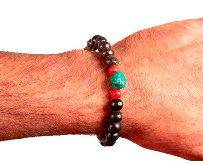 Bracelet mala du Népal bois, turquoise et corail – Harmonie et tradition