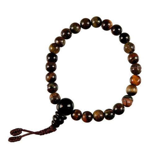 Bracelet mala du Népal en œil de tigre et œil de taureau – bracelet de méditation tibétain artisanal