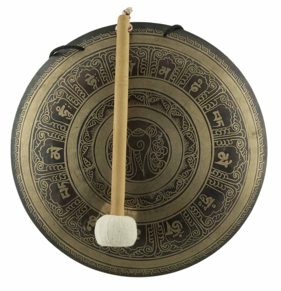 Gong Tibétain Bouddhiste Conque Gravée avec Mailloche