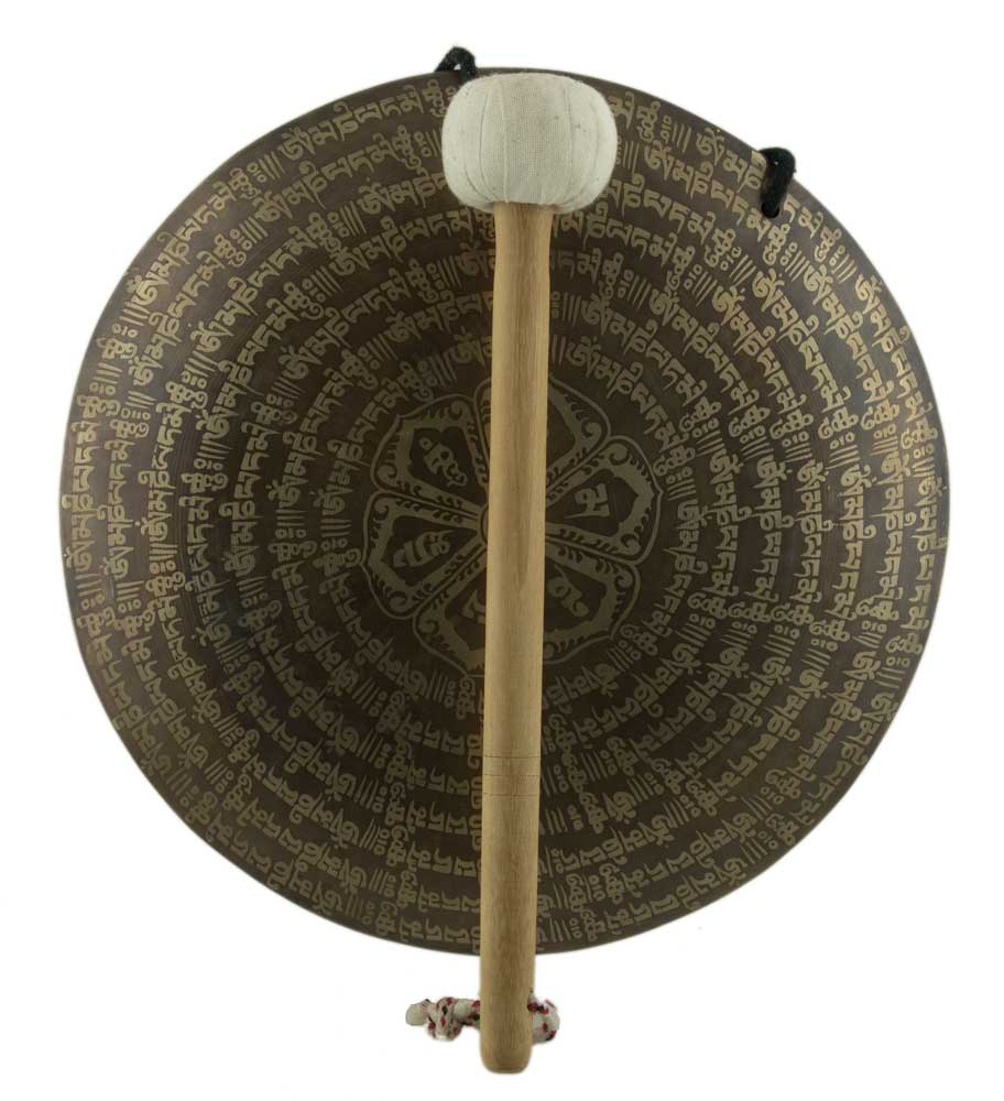 Gong Tibétain Bouddhiste Om Mani Padme Hum Gravé avec Mailloche