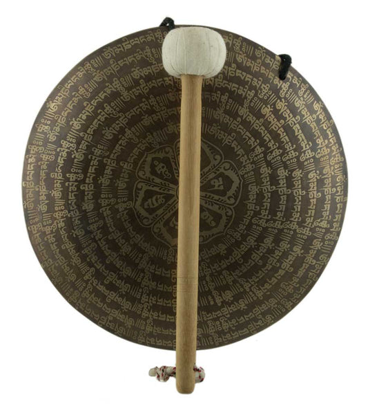 Gong Tibétain Bouddhiste Om Mani Padme Hum Gravé avec Mailloche