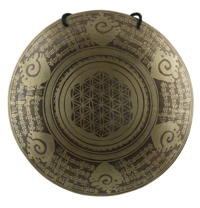 Gong Tibétain Bouddhiste Fleur de Vie Gravée avec Mailloche