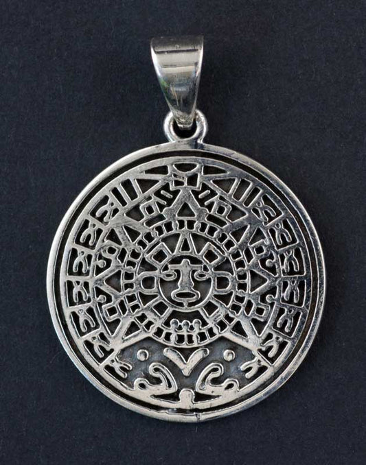 Pendentif calendrier Maya en argent massif 925 – Bijou ethnique inspiré des civilisations précolombiennes