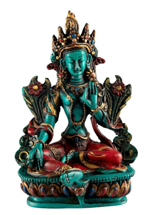 Statue Bouddhiste Tara Verte En Résine – Icône De Compassion Et De Sagesse Tibétaine