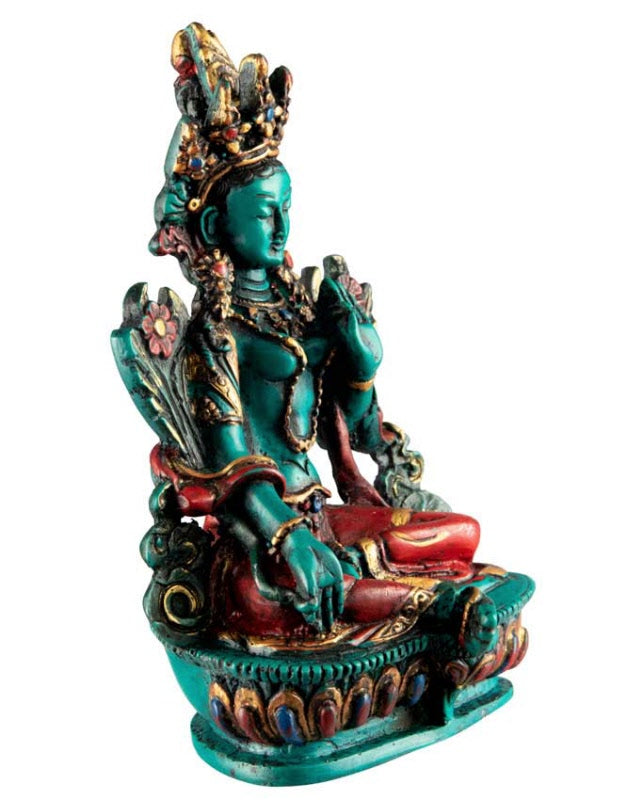 Statue Bouddhiste Tara Verte En Résine – Icône De Compassion Et De Sagesse Tibétaine