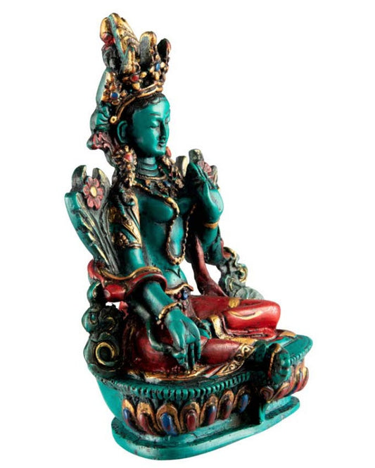 Statue Bouddhiste Tara Verte En Résine – Icône De Compassion Et De Sagesse Tibétaine