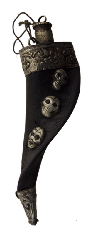 Fiole Tabatière Tibétaine en Corne de Chèvre et Métal – Objet Chamanique Traditionnel